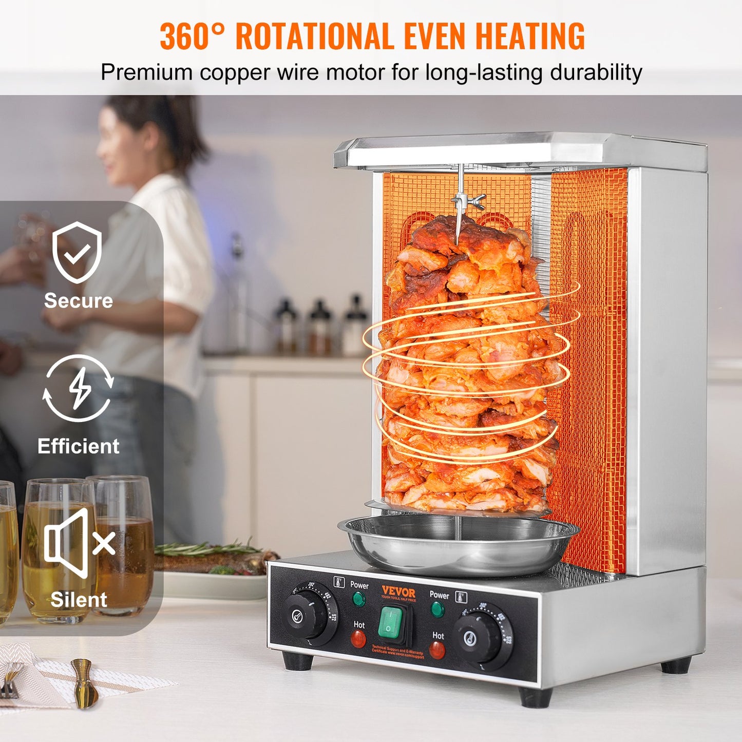 Stainless steel vertical broiler with orange heating element, cooking stacked meat for gyros or shawarma.