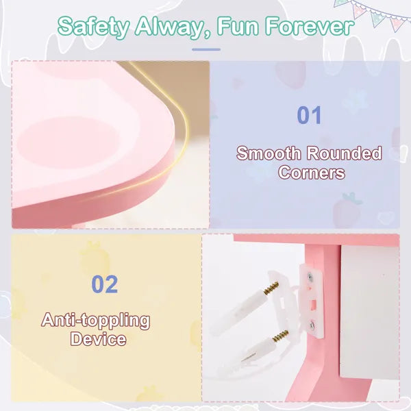 Close-up of pink MDF kids' vanity features: smooth rounded corners and an anti-toppling device.