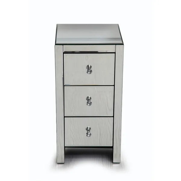 Compact mirrored end table with three drawers and crystal knobs.