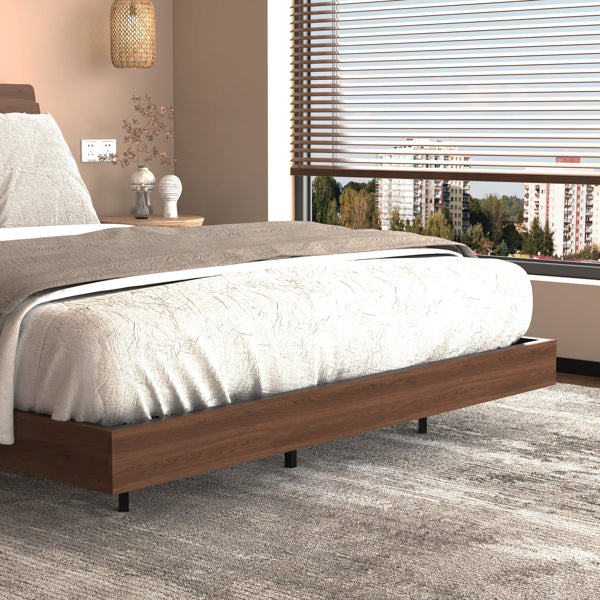 Modern walnut floating queen bed with smart LED lighting and built-in USB charging station.