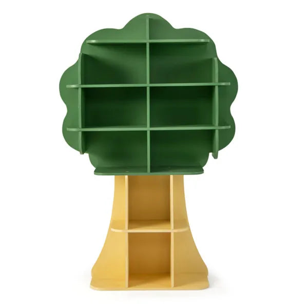 Sage green tree-shaped children's bookcase with open storage shelves and a light yellow base.