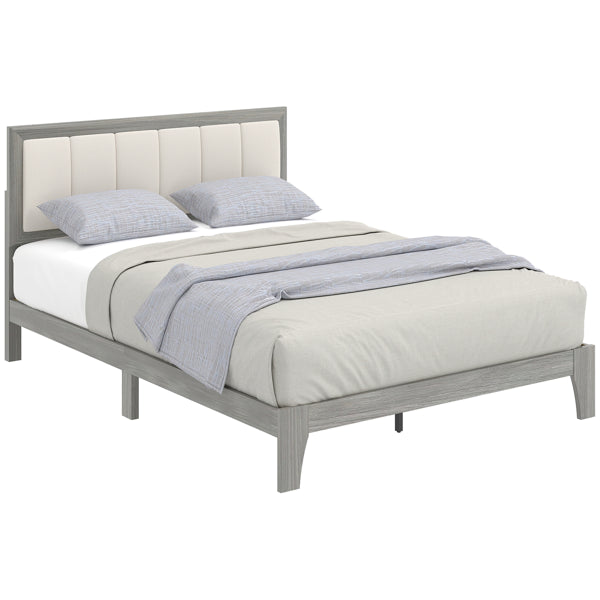 Modern full-size bed frame with a gray wood finish and a cream upholstered headboard.