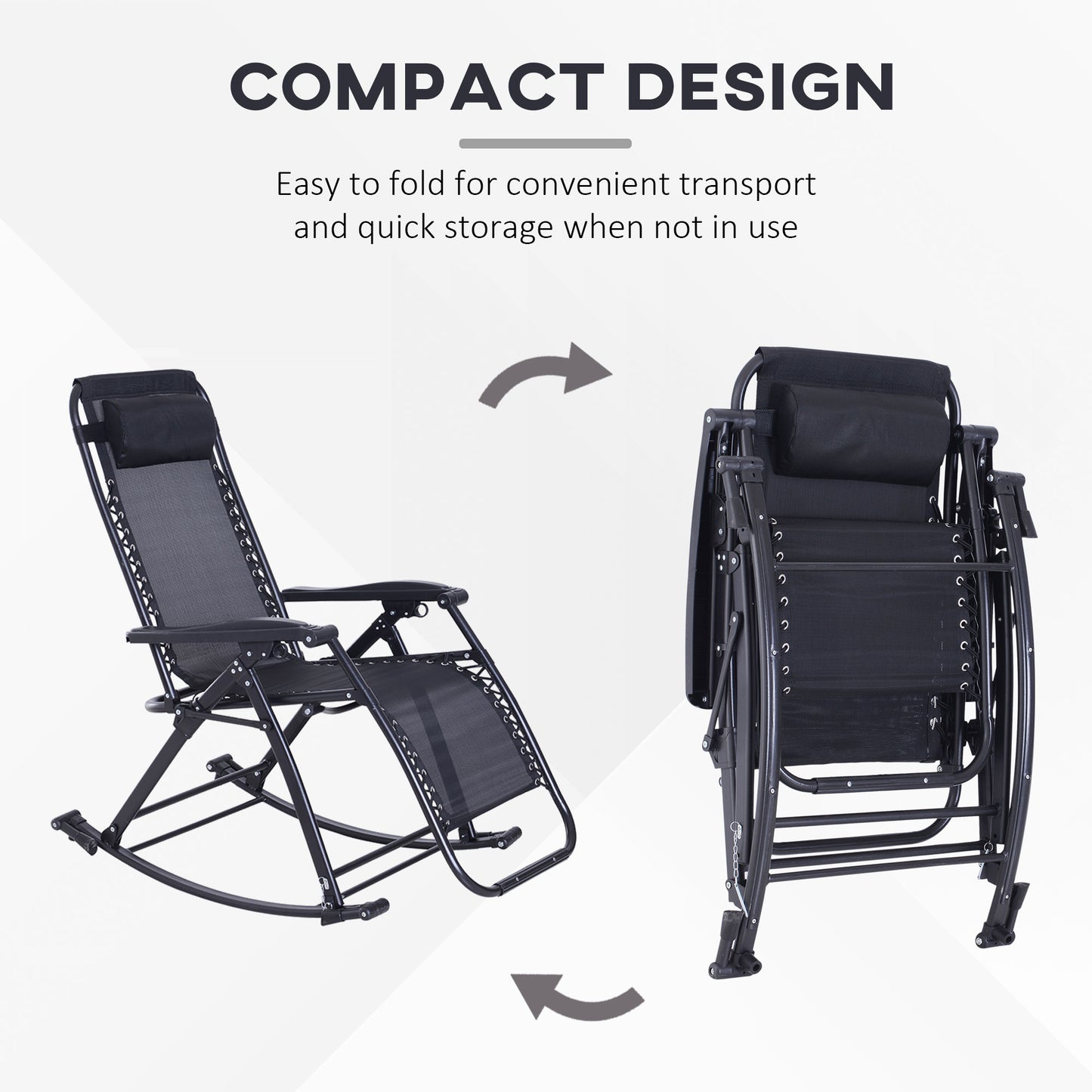 Black zero gravity rocking chair, shown open and folded for compact storage.