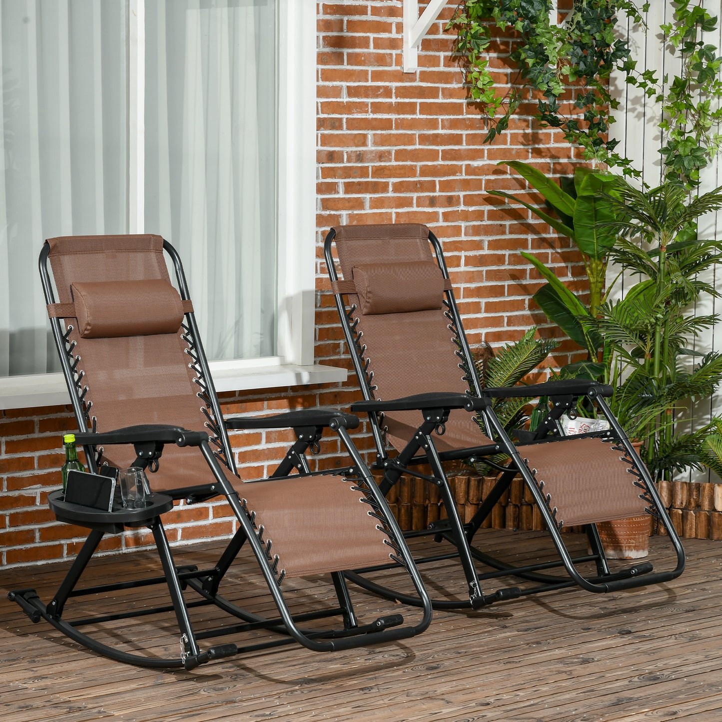 Premium Outdoor Zero Gravity Rocking Chair Set — Two Espresso Brown Lounges with Side Trays