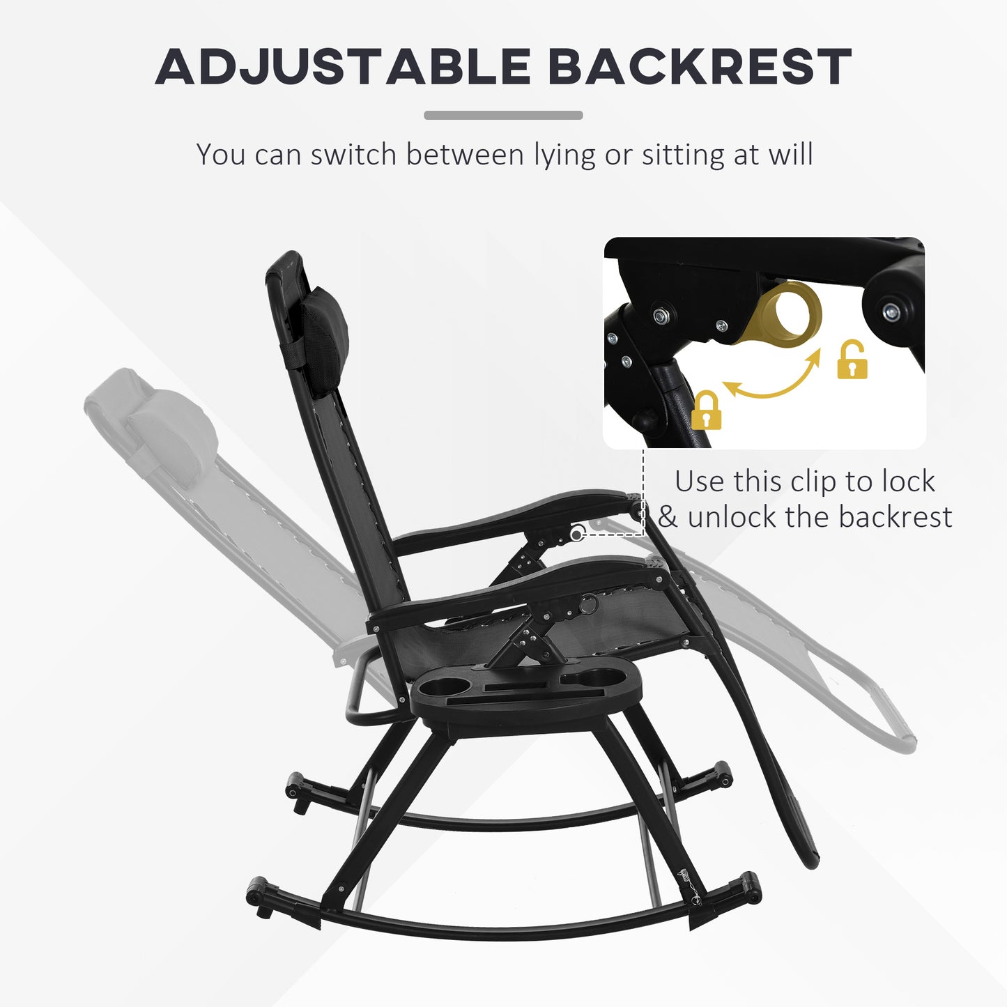 Premium Outdoor Zero Gravity Rocking Chair Set — Two Midnight Black Lounges with Side Trays