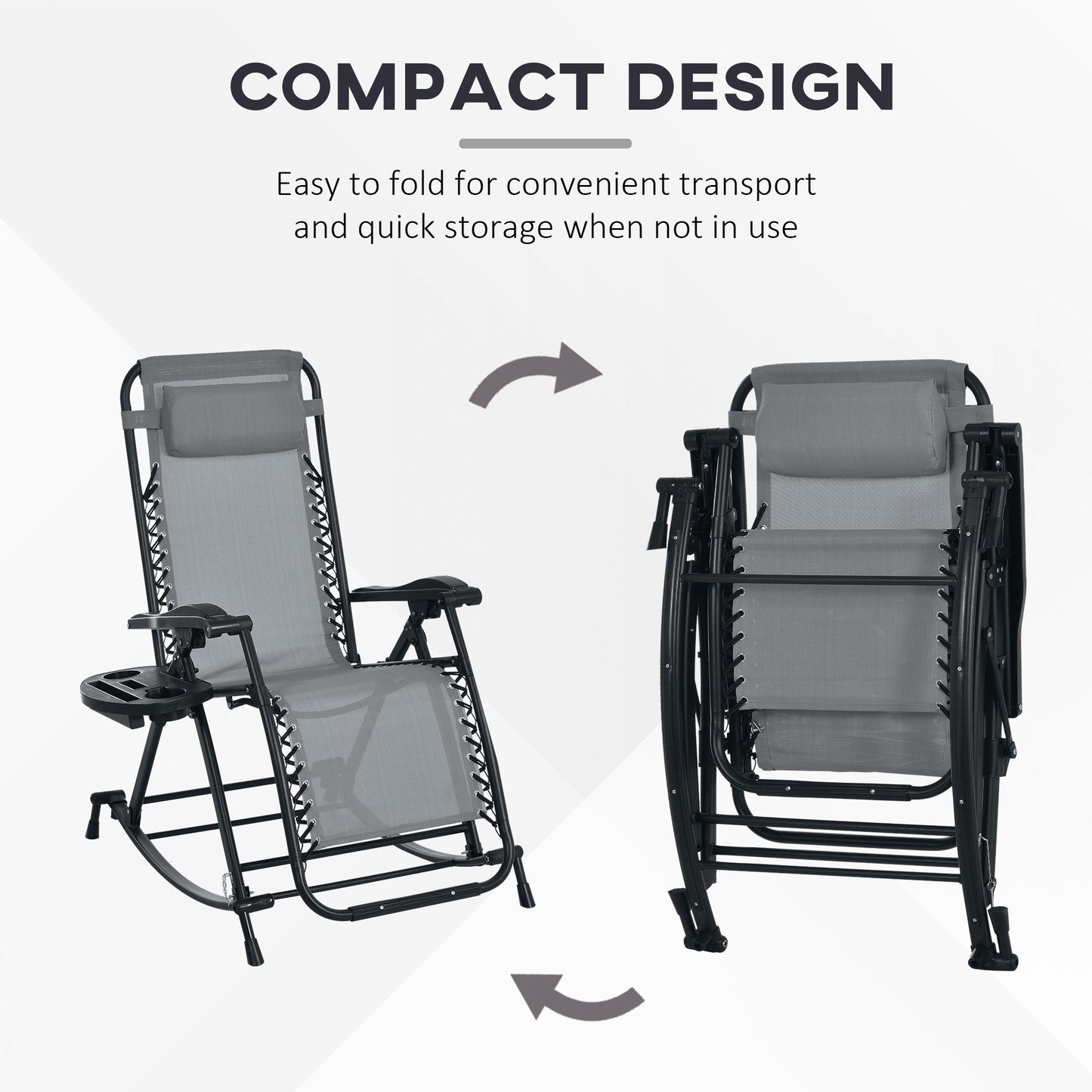 Premium Outdoor Zero Gravity Rocking Chair Set — Two Steel Gray Lounges with Side Trays