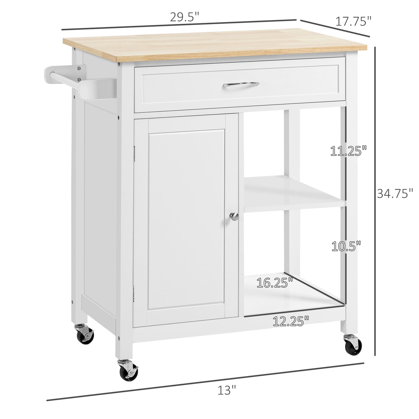 White mobile kitchen cart with solid wood top, drawer, cabinet, open shelf, and locking casters.