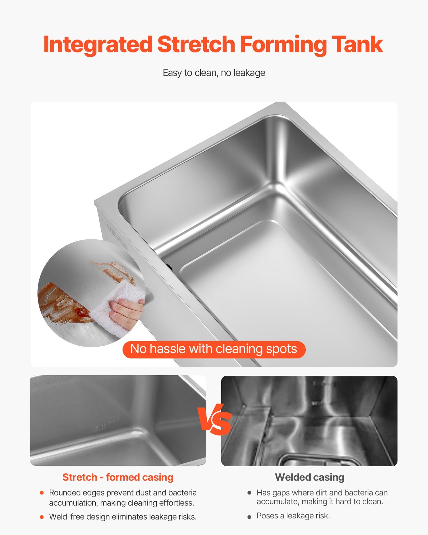 Close-up of a shiny stainless steel stretch-formed tank, highlighting its smooth, easy-to-clean interior.