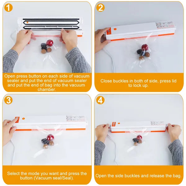 Four-step guide showing a white and orange automatic vacuum sealer preserving food in a clear bag.