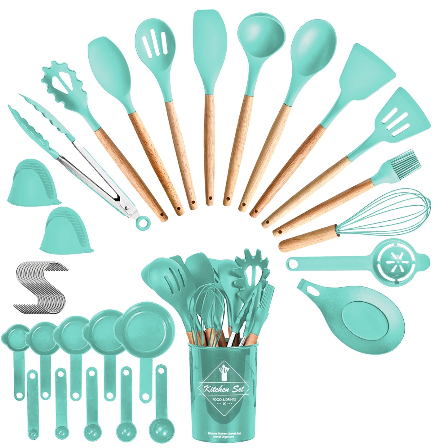 35-piece teal silicone kitchen utensil set with wooden handles, measuring cups, and a matching storage holder.