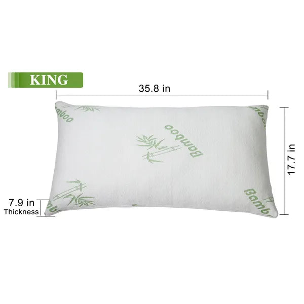 White King-size bamboo memory foam pillow with green "Bamboo" text and measurements.