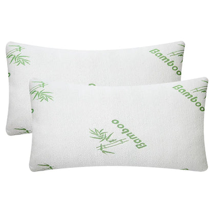 Two white queen-size bamboo memory foam pillows with green "Bamboo" text and leaf embroidery.