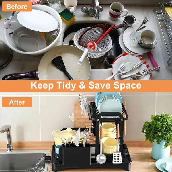 Black 2-tier dish drying rack with drainboard organizing a tidy kitchen counter.