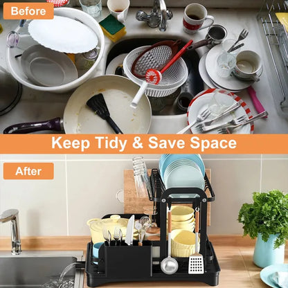 Black 2-tier dish drying rack with drainboard organizing a tidy kitchen counter.