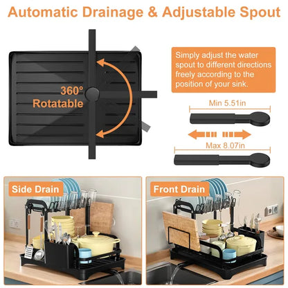 Black 2-tier dish drying rack with adjustable drainboard and spout, shown in side and front drain configurations.