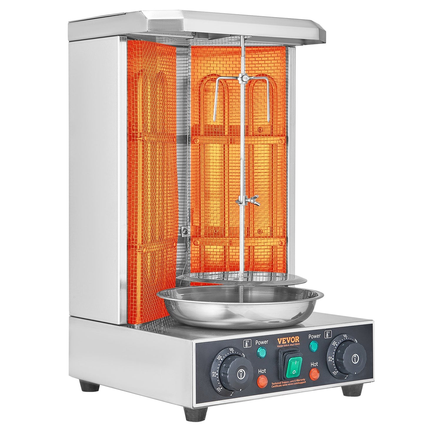 Stainless steel electric vertical broiler with two glowing orange burners and a silver drip pan.