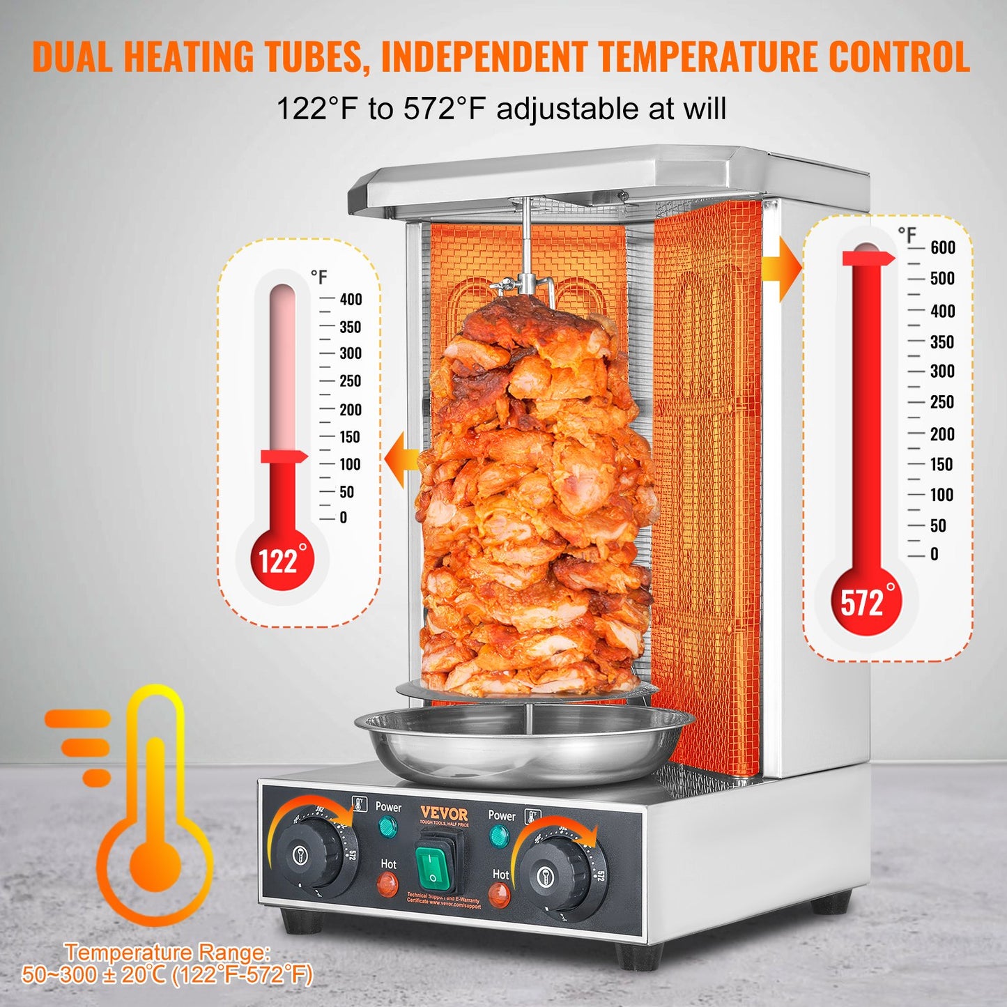 Stainless steel vertical broiler with a large rotating stack of cooked meat, dual orange heating elements, and temperature controls.