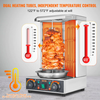 Stainless steel vertical broiler with a large rotating stack of cooked meat, dual orange heating elements, and temperature controls.