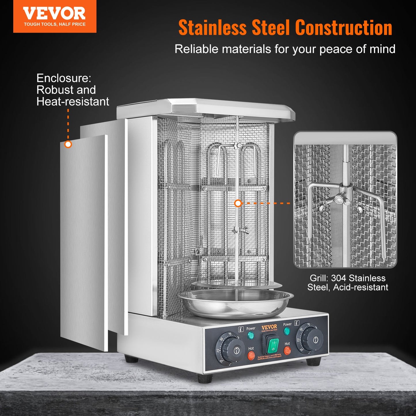Stainless steel vertical broiler with two burners, a drip pan, and control knobs.
