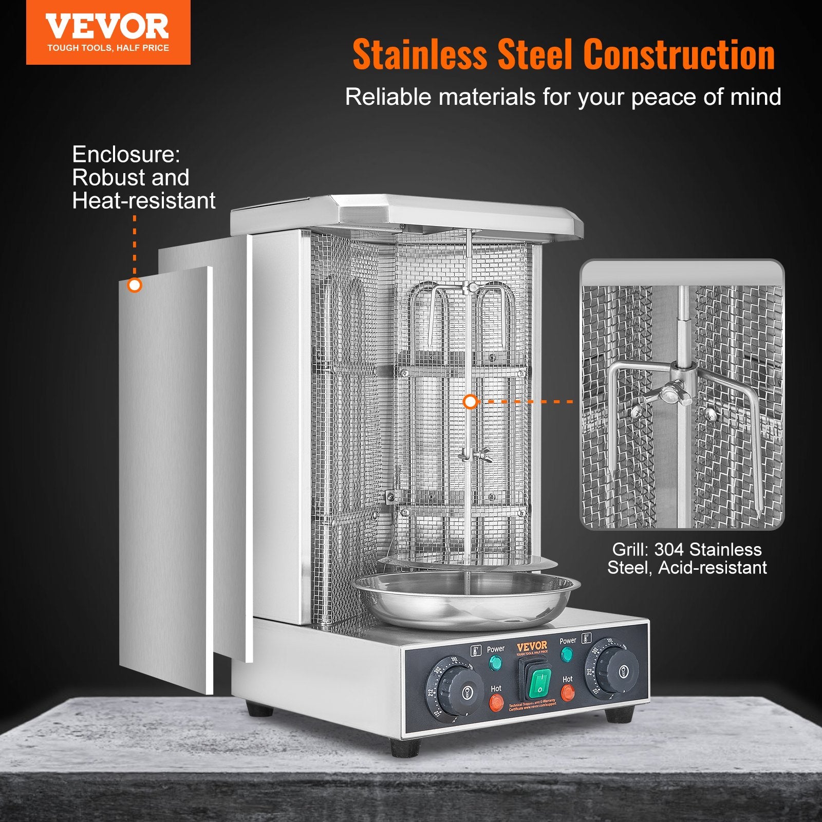 Stainless steel vertical broiler with two burners, a drip pan, and control knobs.