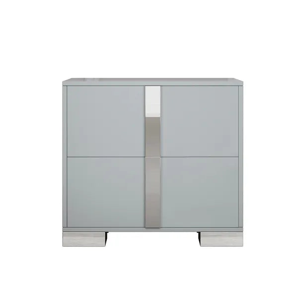 Gray mirrored nightstand with two drawers and sleek metal feet.