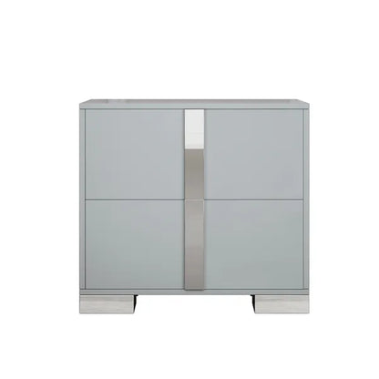 Gray mirrored nightstand with two drawers and sleek metal feet.
