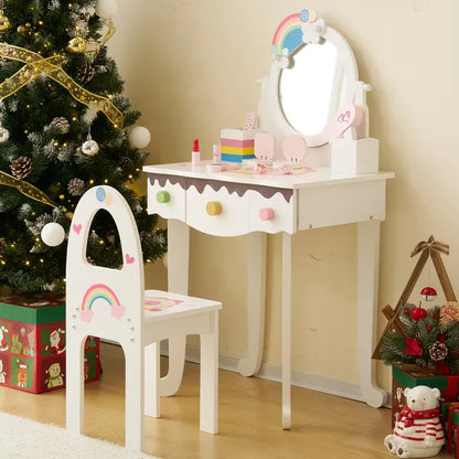 White kids vanity table and chair set with rainbow mirror, 3 drawers, and pretend play makeup.