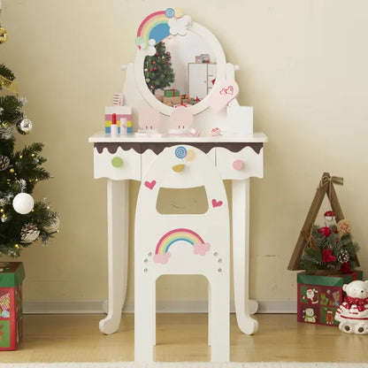 White kids vanity table and stool set with rainbow mirror, 3 drawers, and pretend play makeup.