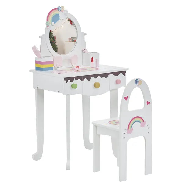 White kids vanity table and chair set with rainbow decor, mirror, and two drawers.