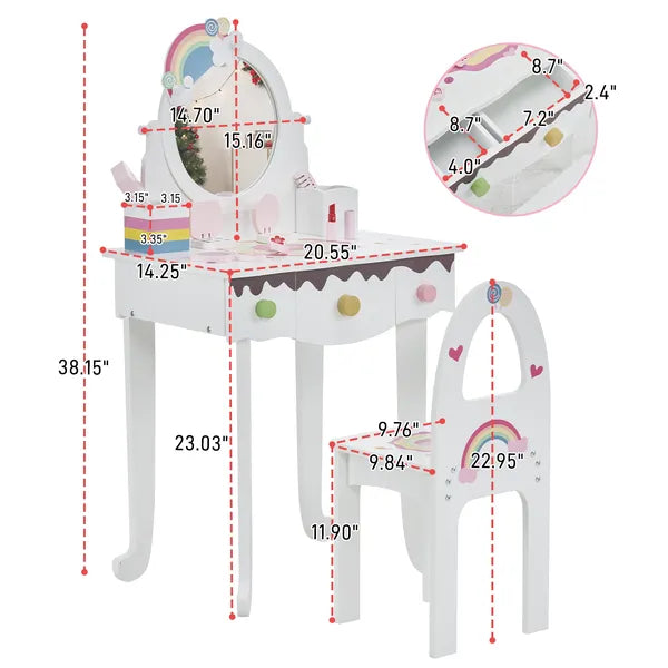 White kids vanity table and chair set with rainbow mirror, 3 drawers, and storage, showing dimensions.