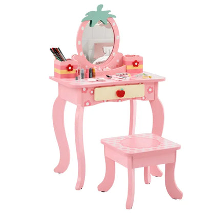 Pink MDF kids' vanity with strawberry mirror, single drawer, and matching stool.