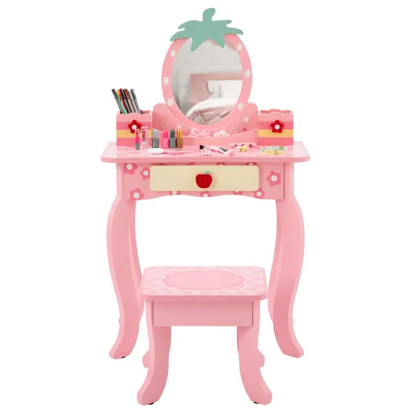 Pink MDF kids' vanity with strawberry mirror, single drawer, floral design, and matching stool.