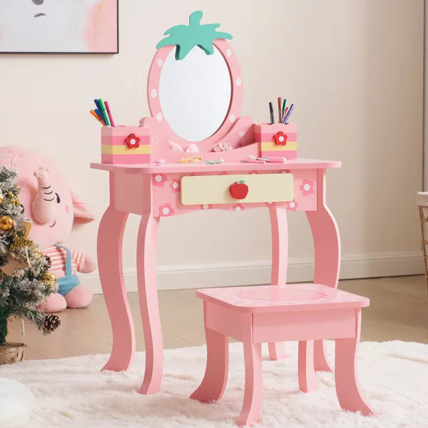 Pink MDF kids' vanity with strawberry mirror, single drawer, and matching stool.