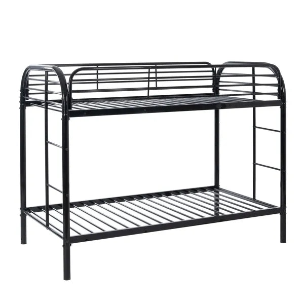Black metal twin over twin bunk bed frame with rounded top bunk rails.
