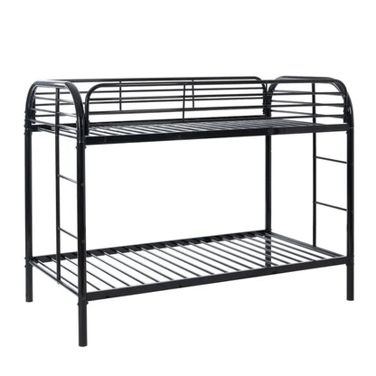 Black metal twin over twin bunk bed frame with rounded top bunk rails.