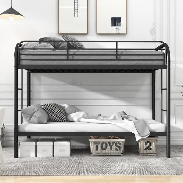Black metal twin-over-twin bunk bed with rounded top frame, guard rails, and space for under-bed storage.