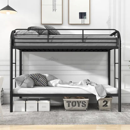 Black metal twin-over-twin bunk bed with rounded top frame, guard rails, and space for under-bed storage.