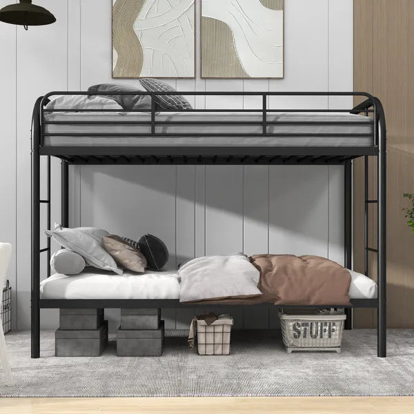 Black metal twin-over-twin bunk bed with a minimalist design, guard rails, and ladder.