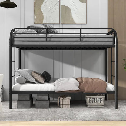 Black metal twin-over-twin bunk bed with a minimalist design, guard rails, and ladder.