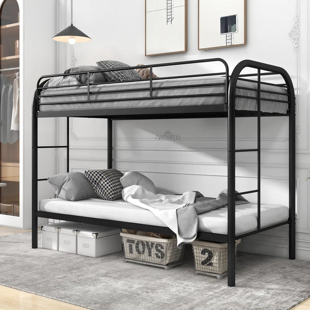 Black metal twin-over-twin bunk bed with rounded top frame, guard rails, and ladder.