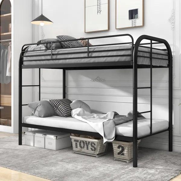 Black metal twin-over-twin bunk bed frame with sleek, minimalist design.