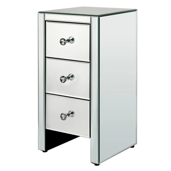 Compact mirrored end table with three storage drawers and crystal knobs.