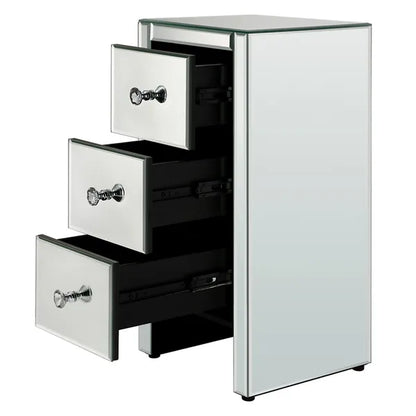 Compact mirrored end table with three open drawers and crystal knobs.