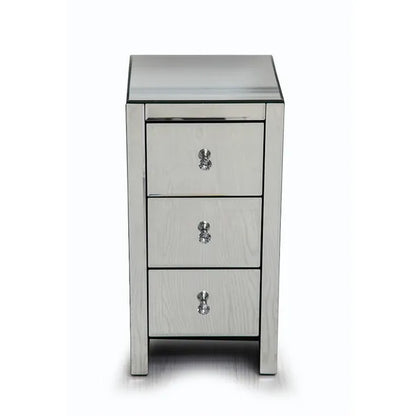 Compact mirrored end table with three drawers and crystal knobs.