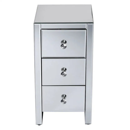 Compact mirrored end table with three drawers and crystal knobs.