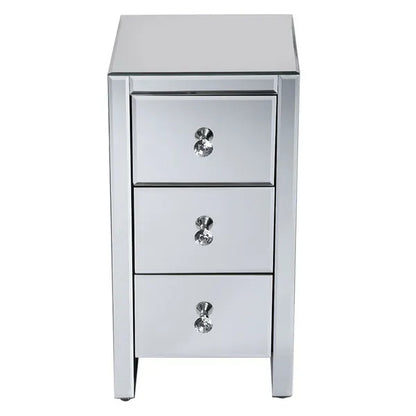 Compact mirrored end table with three drawers and crystal knobs.