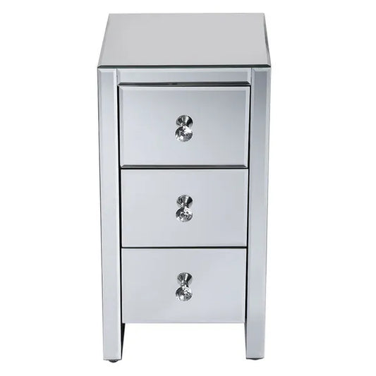 Compact mirrored end table with three drawers and crystal knobs.