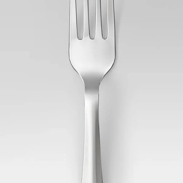 Modern silver dinner fork with a sleek, mirror-polished stainless steel finish.