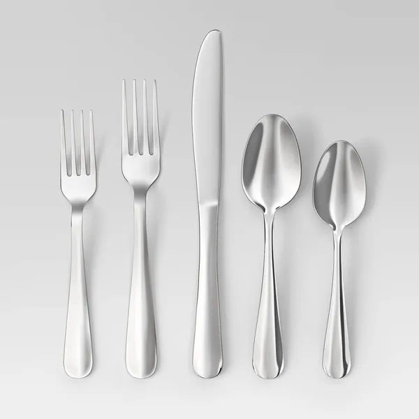 Modern 20-piece "Teagan Reflection" silverware set with mirror-polished stainless steel utensils.