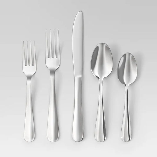 Modern 20-piece "Teagan Reflection" silverware set with mirror-polished stainless steel utensils.